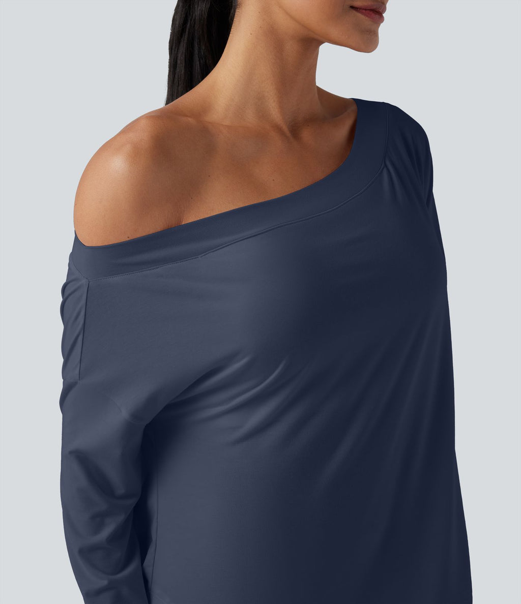 Top de sport yoga une épaule séchage rapide ourlet arrondi asymétrique manches longues avec trous pouces - Brassière intégrée