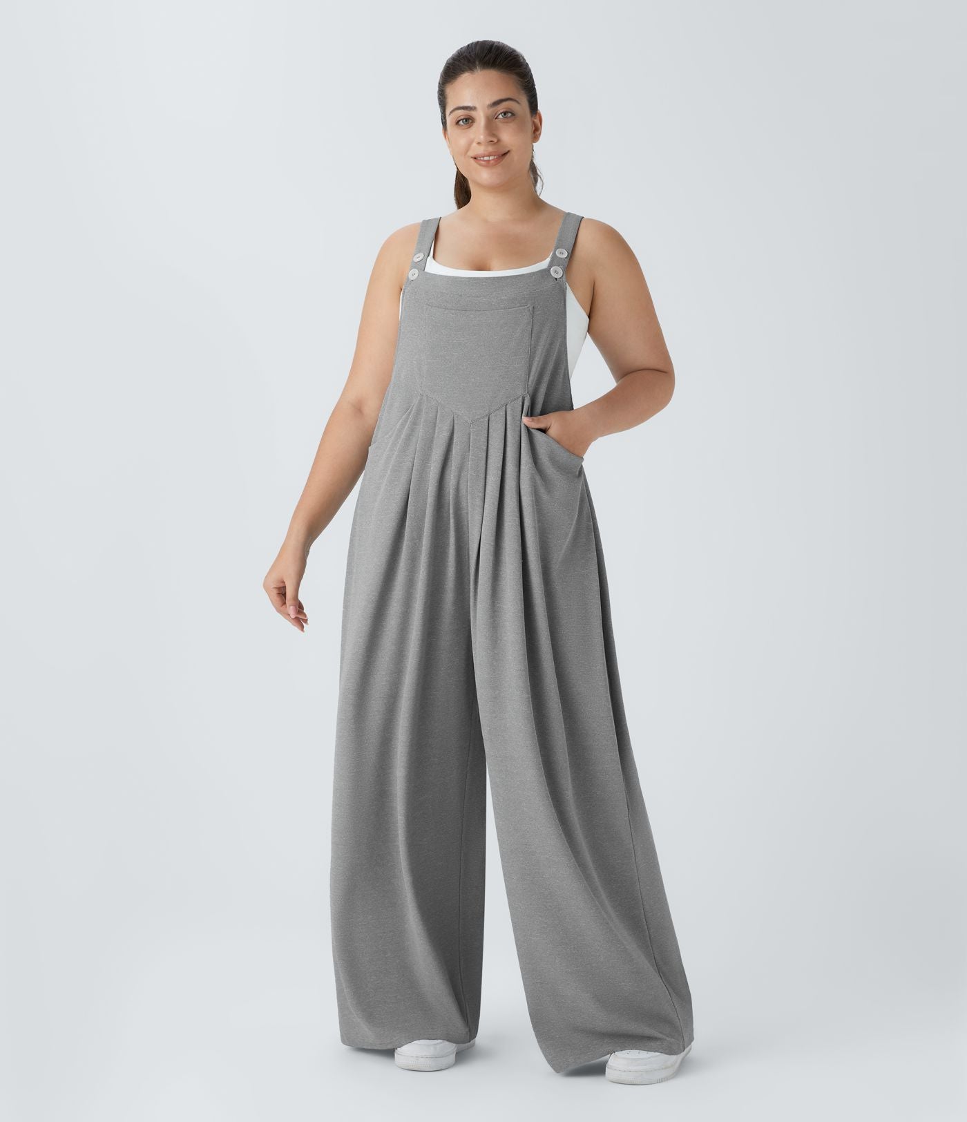Salopette Casual Grande Taille en Gaufré avec Bretelles Ajustables Boutons et Poches Multiples