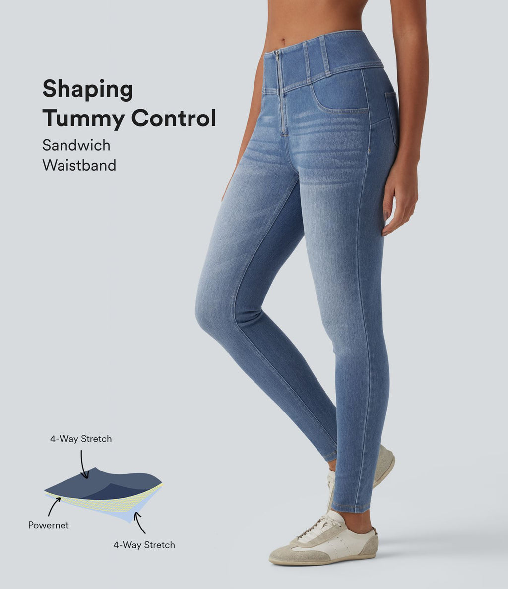 Jean Halara Flex™ skinny décontracté taille mi-haute zippé, effet ventre plat, avec poches