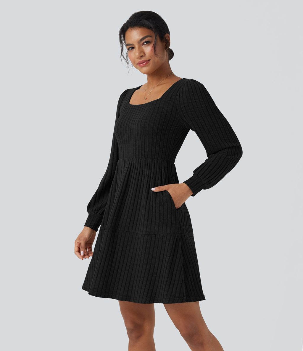 Robe décontractée maille côtelée décolleté carré manches longues bouffantes avec poches