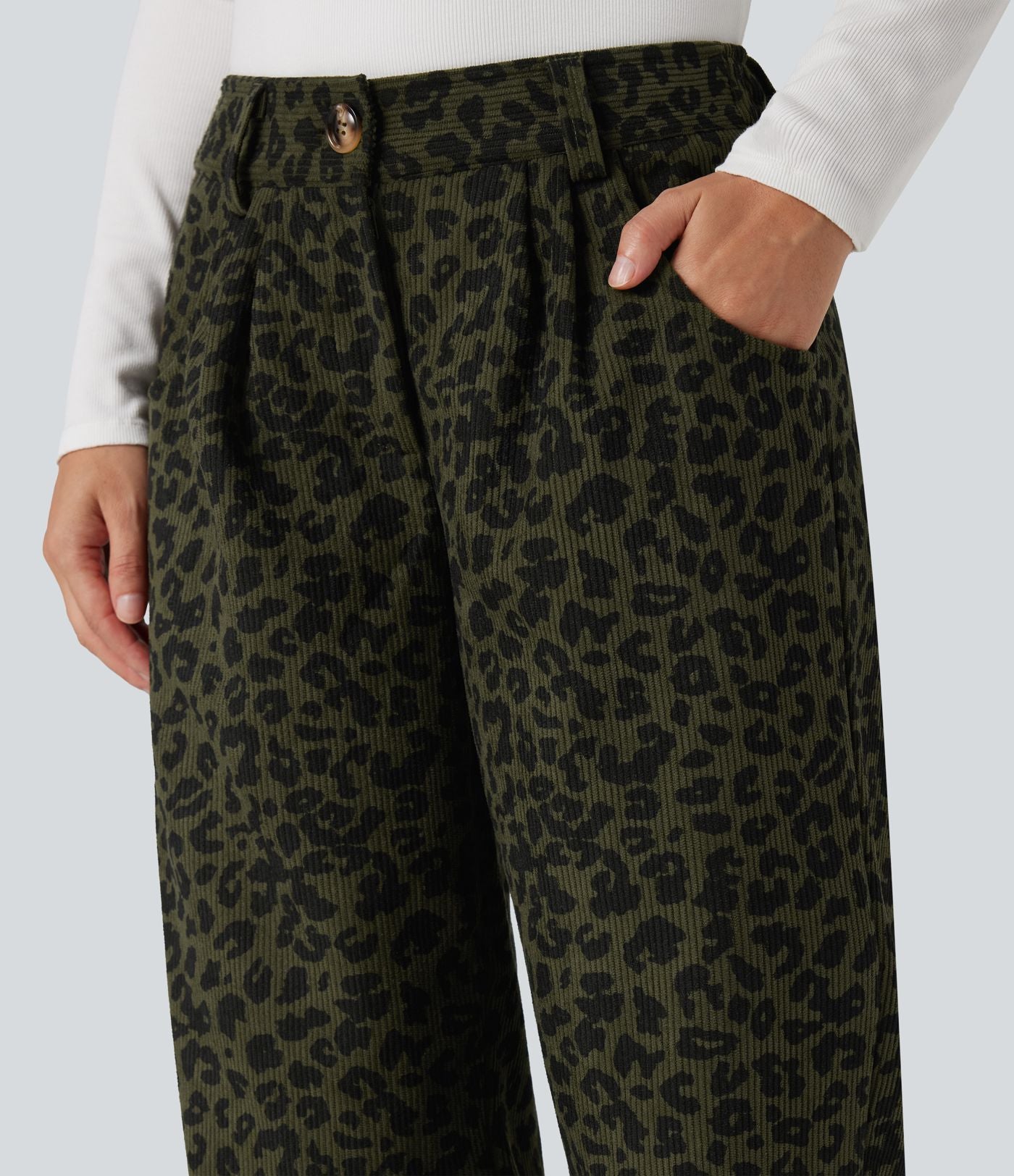 Pantalon velours côtelé imprimé léopard coupe droite taille mi-haute avec poches