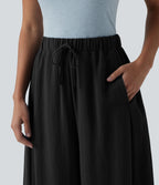 Pantalon décontracté effet lin jambes ballon taille haute avec cordon de serrage et poches