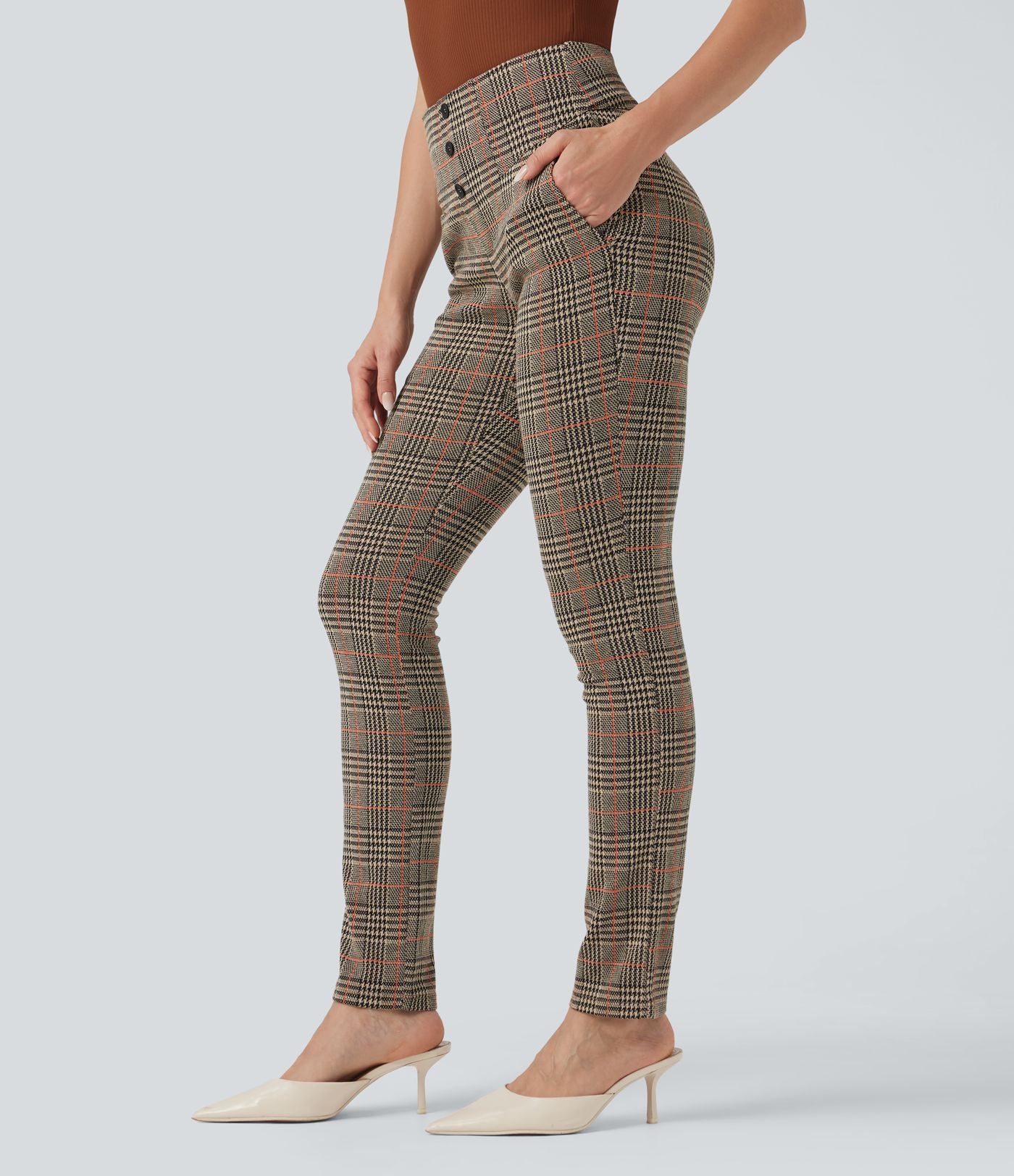Halara Flex™ Pantalon tailleur Cintrés à Taille Haute avec Boutons Décoratifs Poches Latérales et Imprimé Pied-de-Poule