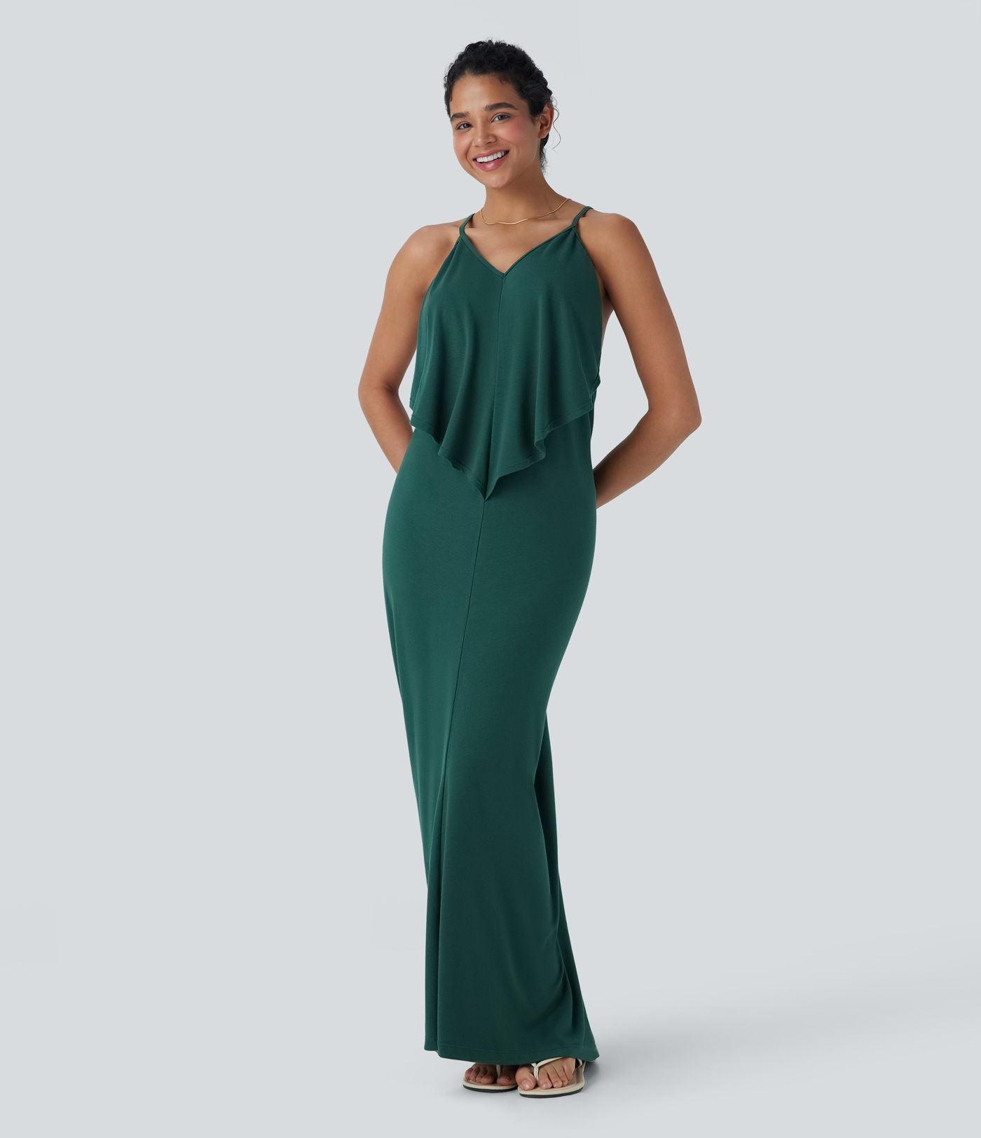Robe Longue de Vacances avec Col V Dos Nu à Nouer et Fronces