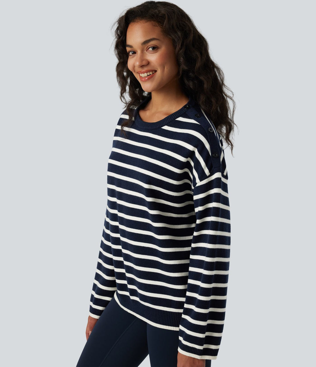 Pull casual à rayures col rond, manches longues et boutons décoratifs
