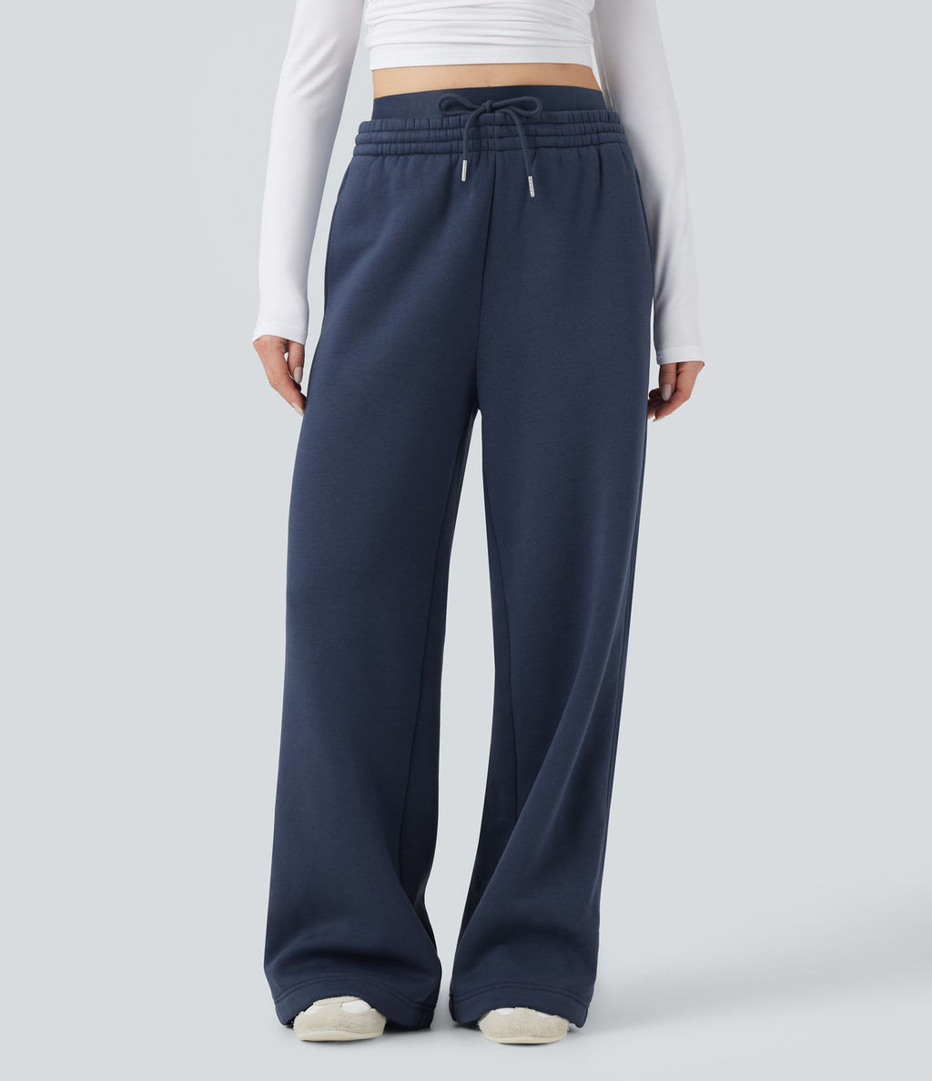 Pantalon jogging en coton molleton large taille haute avec cordon et poches