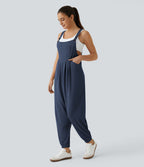 Salopette Casual Bretelles Ajustables Boutonnés Multiples Poches Plis et Tissu Gaufré