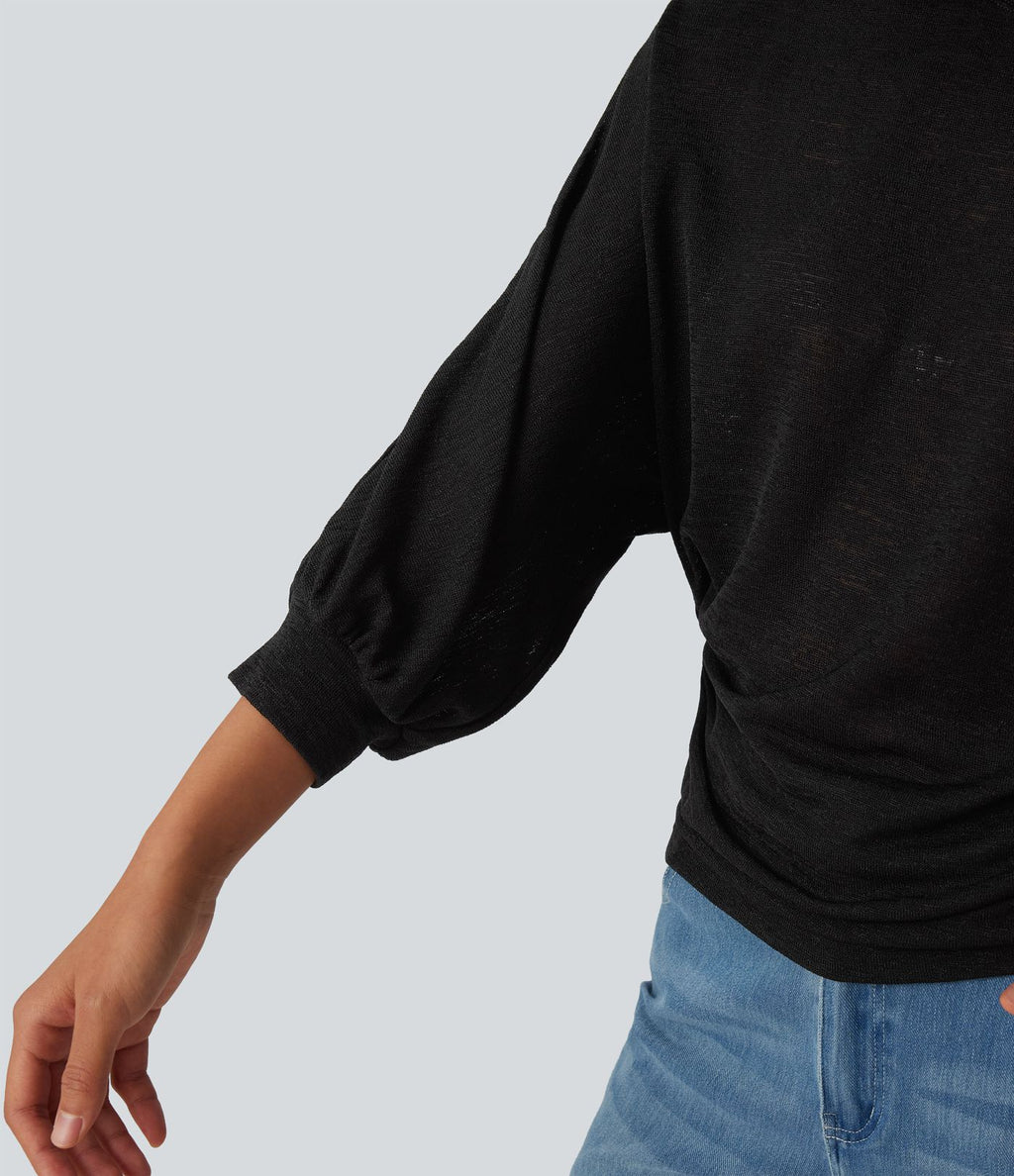 T-shirt décontracté semi-transparent une épaule dénudée à manches 3/4 et fronces