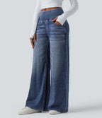 Halara Flex™ Jean large casual baggy taille mi-haute en lyocell drapé effet délavé, avec poches