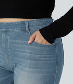 Jean décontracté Halara Flex™ grande taille, taille haute, multiples poches, jambes droites, effet délavé, en maille extensible