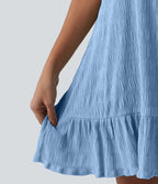 Robe courte décontractée sans manches à col rond, soutien-gorge intégré et ourlet à volants