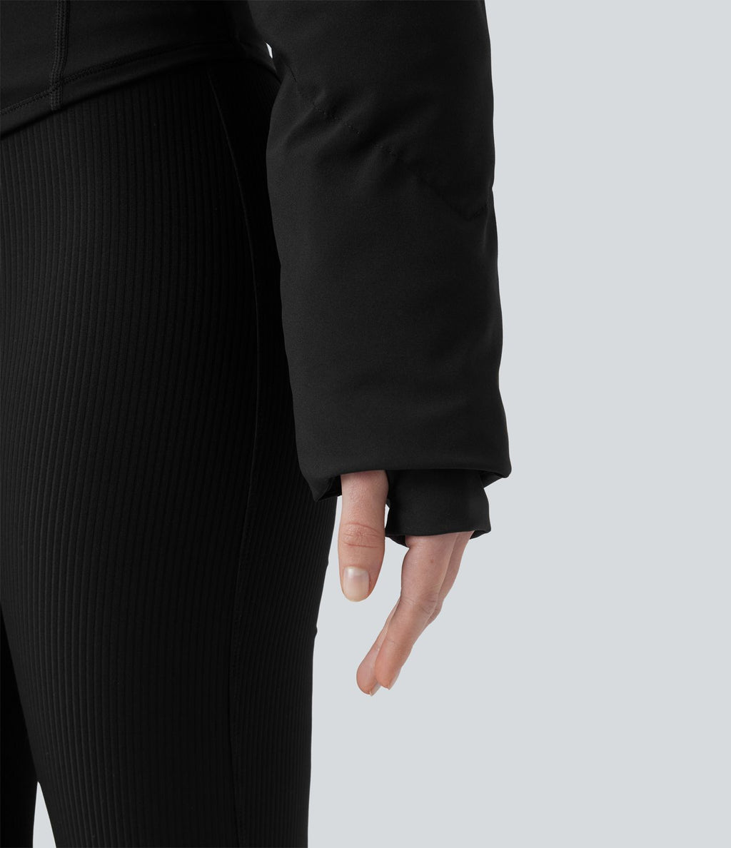PuffFlex Manteau doudoune 3-en-1 court casual à col montant et veste à ourlet arrondi avec passants pouces et poche