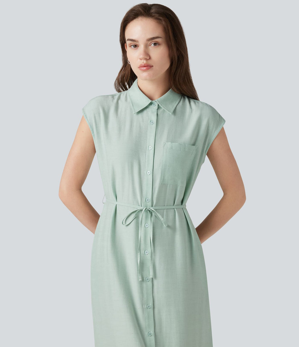 Robe chemise midi décontractée en mélange de lin, col classique, manches cape, ceinturée, ourlet arrondi fendu avec poches