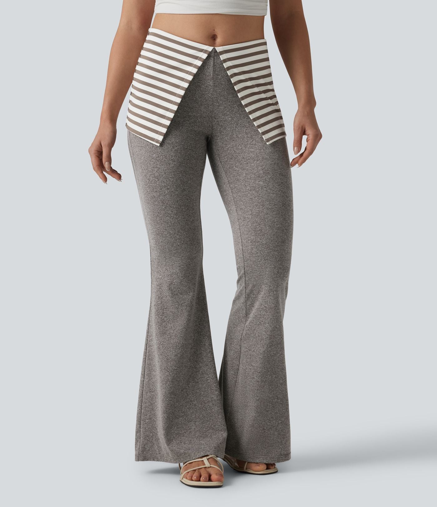 Pantalon évasé taille basse rabattable à rayures chiné