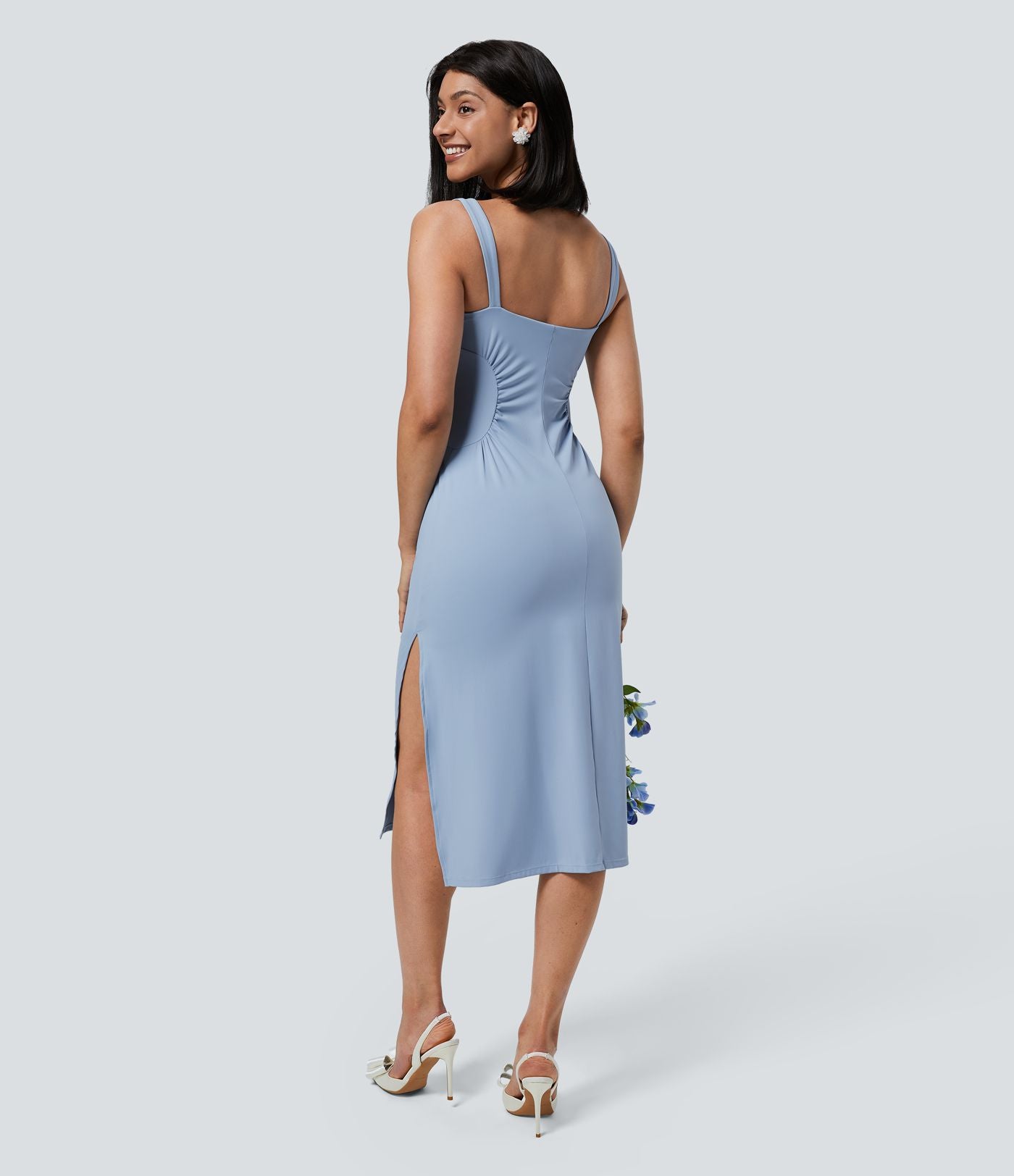 Softlyzero™ Airy Robe Demoiselle d'Honneur Invitée de Mariage Col Carré Plissée et Fendue Toucher Frais Grande Taille