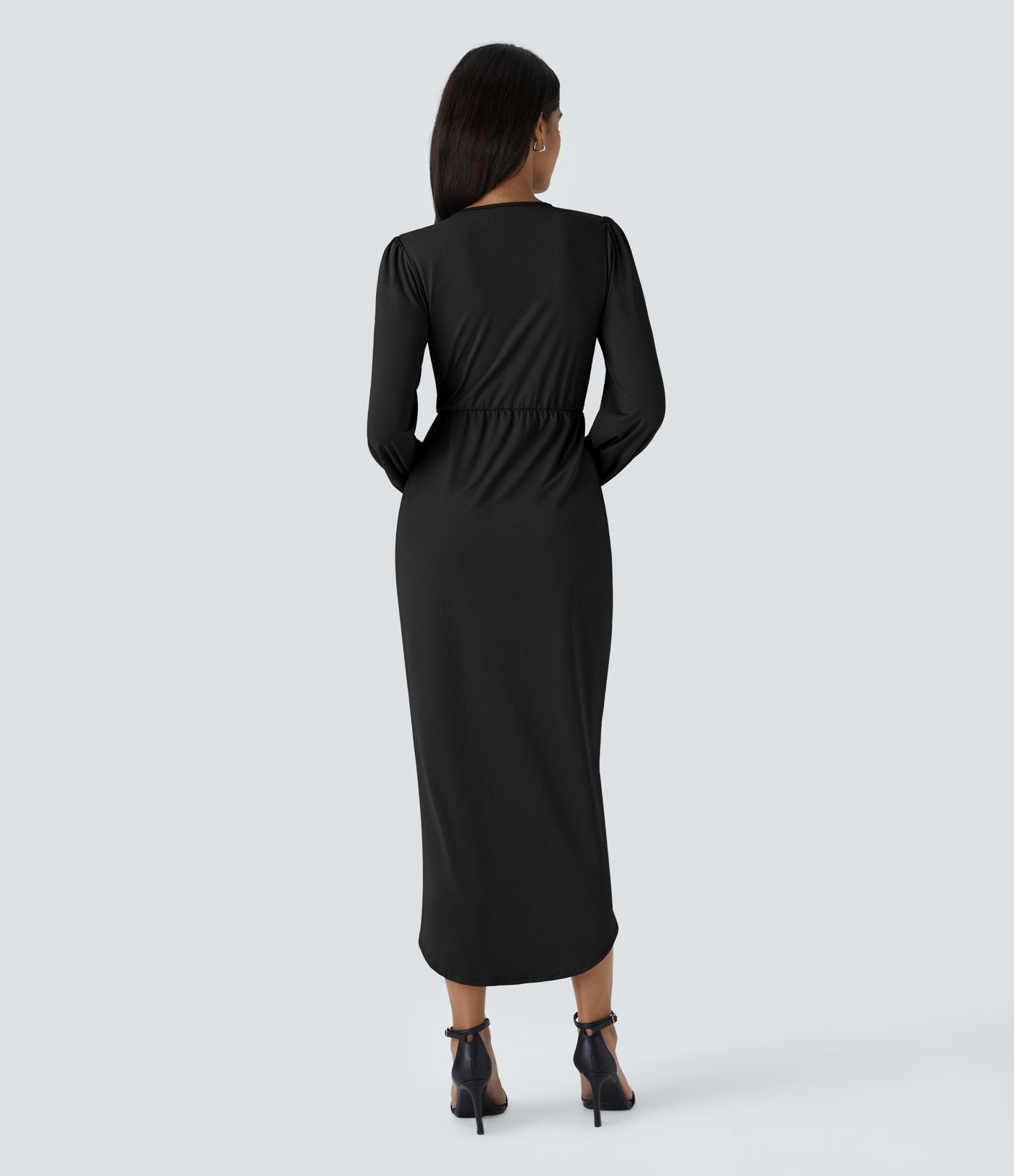 Robe de Soirée Mi-longue à Col V, Manches Longues, Plis et Ourlet Tulipe