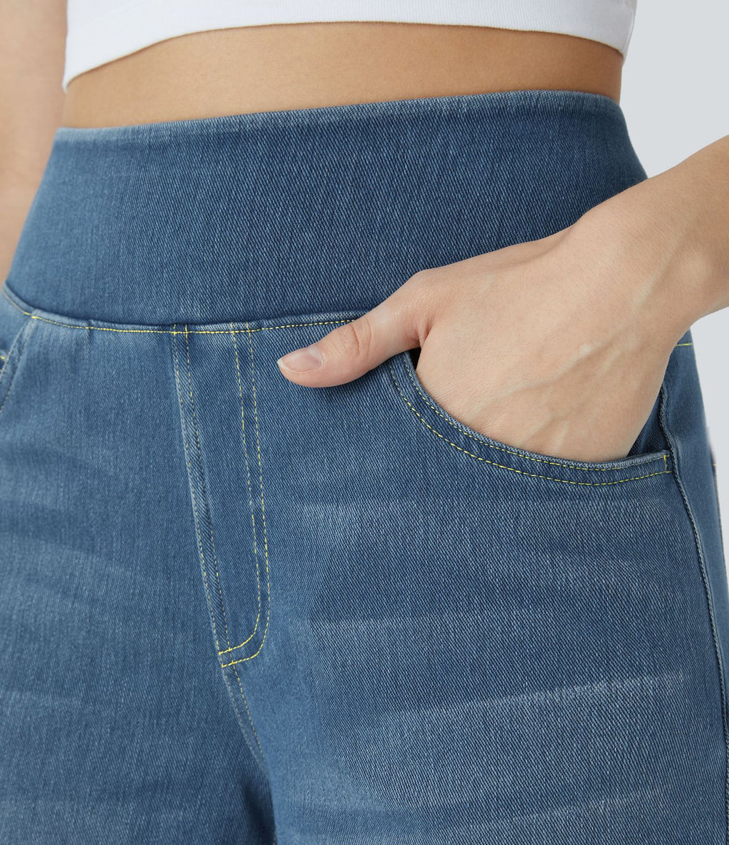 Halara Flex™ Jean Large Casual Taille Haute Poches Multiples Tricot Extensible Délavé