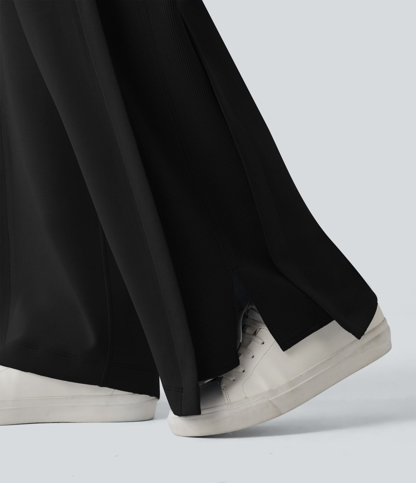 SpacerTek™ Pantalon large fluide décontracté taille haute avec cordon de serrage intérieur, côtes contrastées, fentes et poches