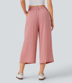 Pantalon décontracté palazzo capri uni effet lin, taille haute, large, avec poches