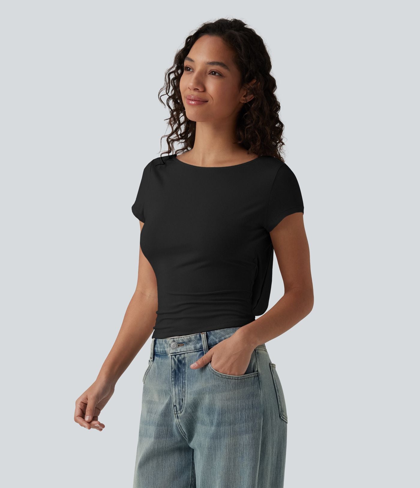 T-shirt décontracté col bateau manches courtes dos drapé