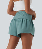 Short casual taille haute aspect lin volants avec cordon de serrage et poches 9 cm