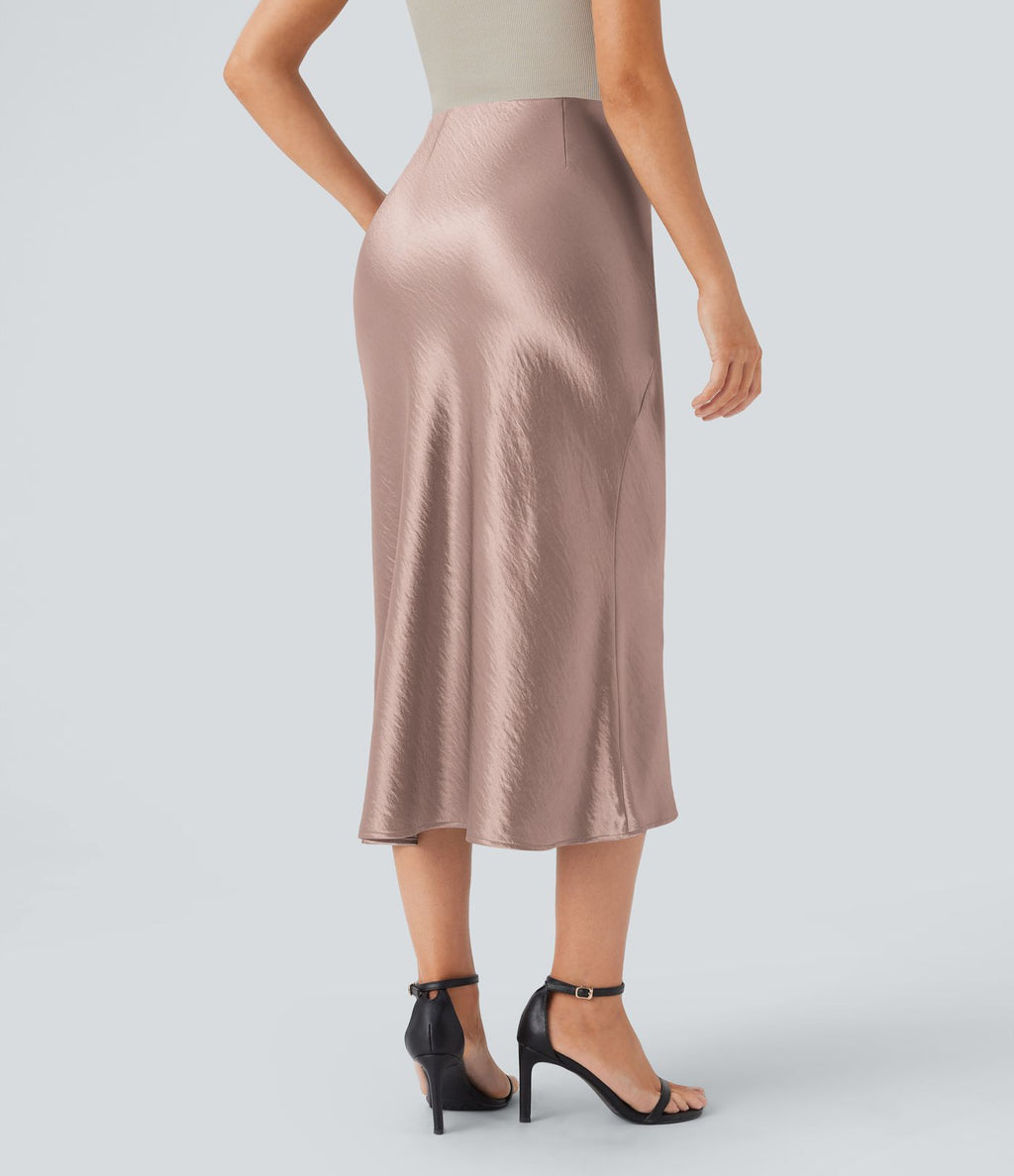 Jupe de midi sirène en satin taille haute avec fermeture éclair invisible
