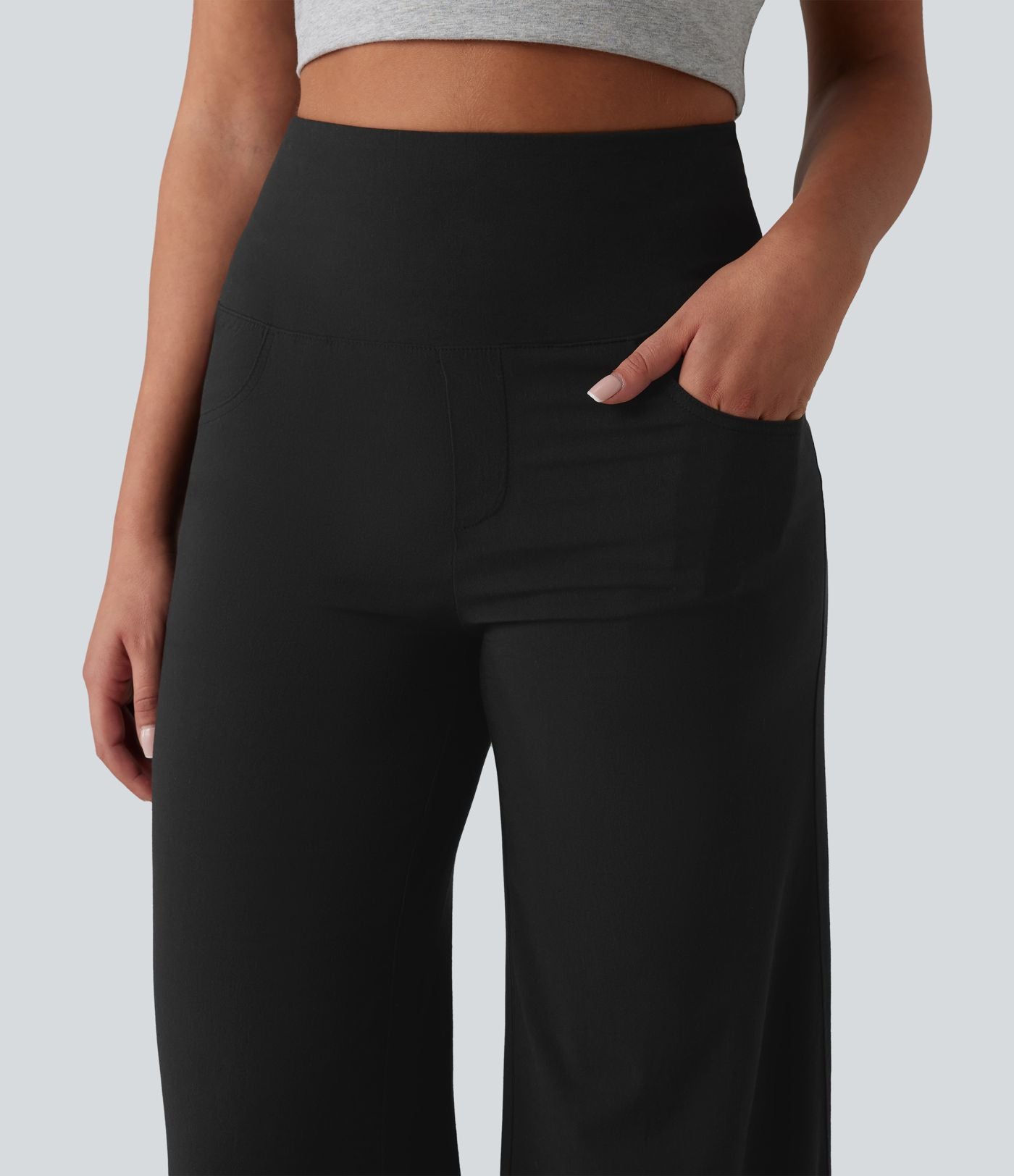 Pantalon large casual en lin stretch taille haute ventre plat avec poches