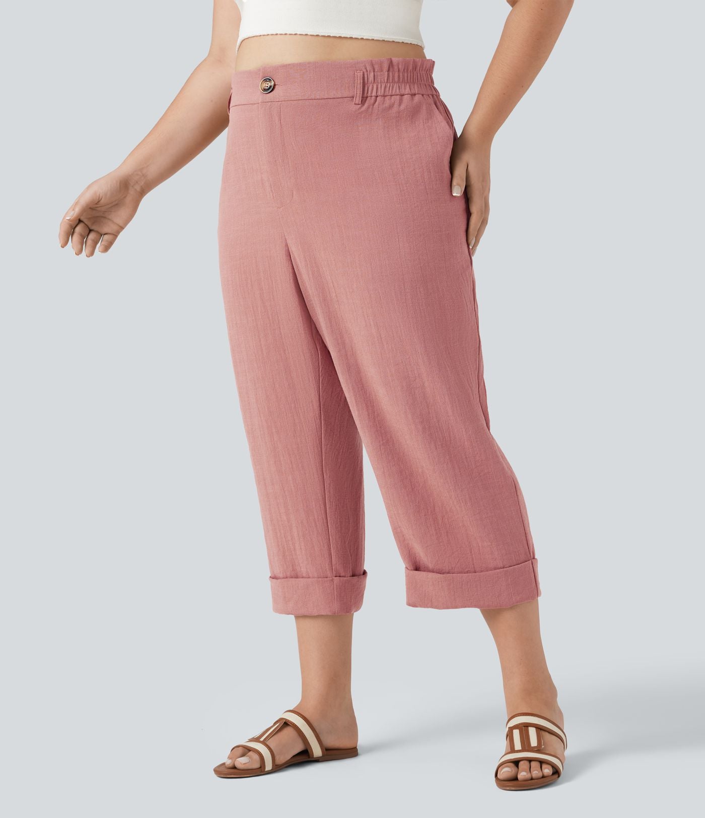 Pantalon de villégiature capri effet lin, grande taille, taille haute, avec poches