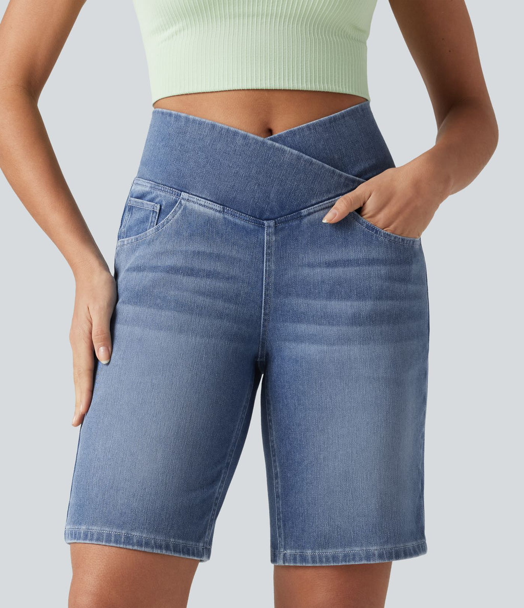 Short en jean Halara Flex™ casual gainant taille haute croisée avec poches