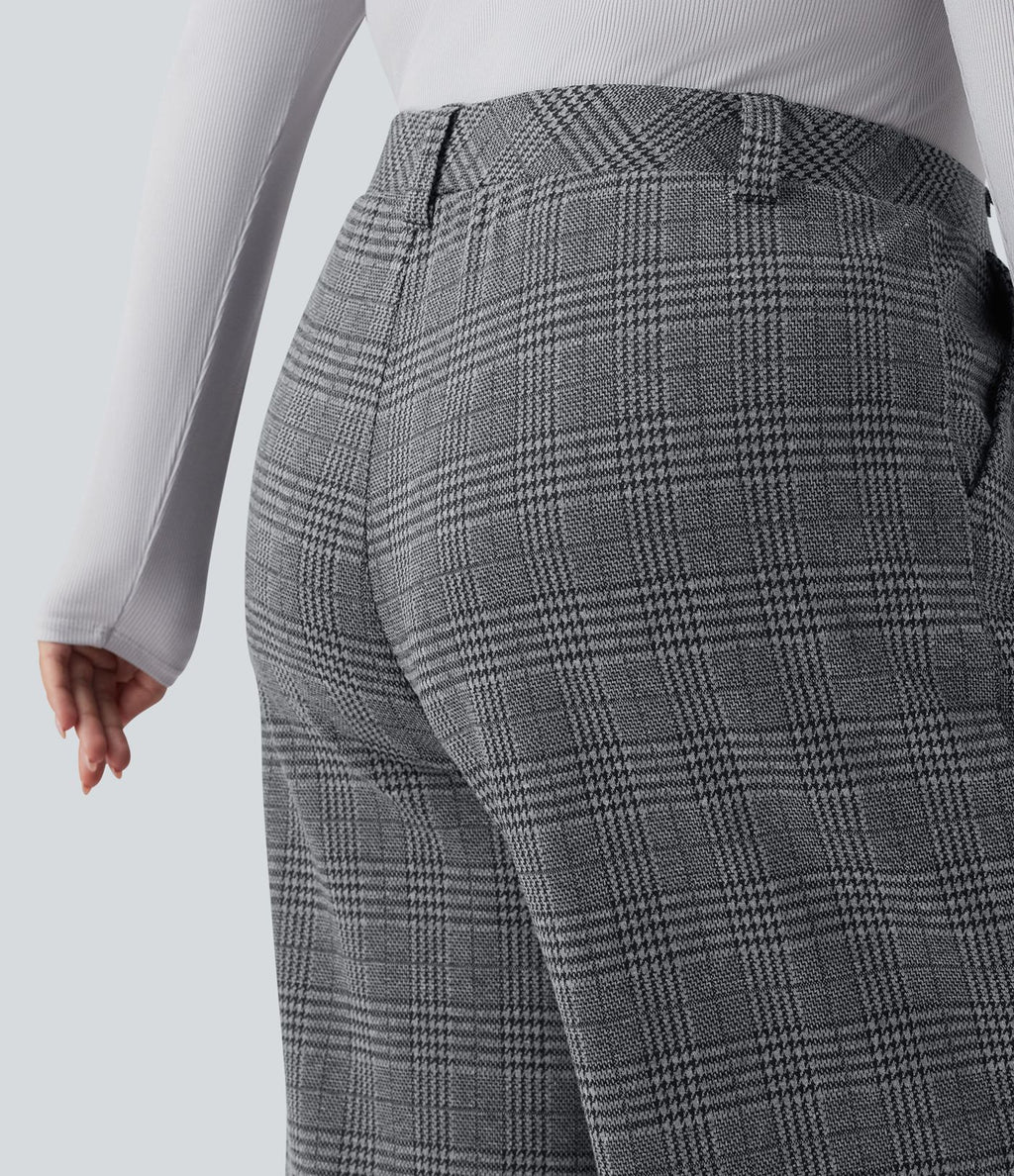 Pantalon décontracté grande taille large taille haute à carreaux pied-de-poule avec poches