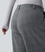 Pantalon décontracté grande taille large taille haute à carreaux pied-de-poule avec poches