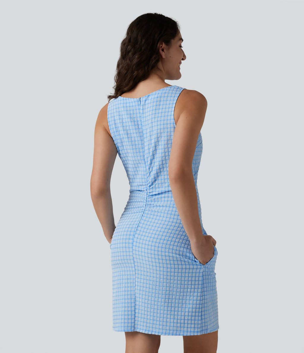Robe mini casual sans manches col bateau à carreaux vichy, avec poches