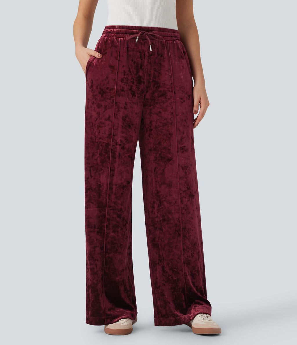 Pantalon décontracté velours jambe large taille mi-haute avec cordon de serrage et poches