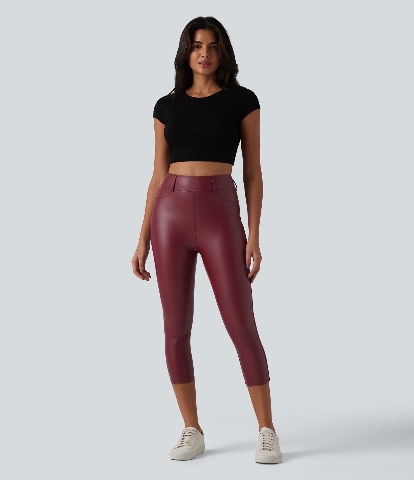 Legging corsaire casual taille haute extensible en simili cuir avec poches