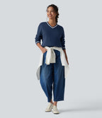 Sweat casual col V manches longues color block en coton