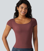 T-shirt décontracté à manches courtes, col carré, soutien-gorge intégré et grande élasticité, bonnets B à DD