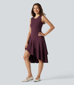 Robe midi décontractée SoftlyZero™ Airy col rond, sans manches, ourlet à volants étagés, à effet frais InstantCool