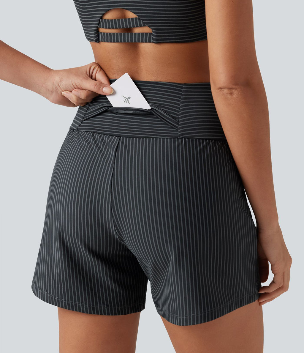 Short de yoga 2-en-1 à rayures, taille très haute, 12,5 cm, à poches