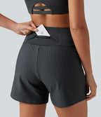 Short de yoga 2-en-1 à rayures, taille très haute, 12,5 cm, à poches
