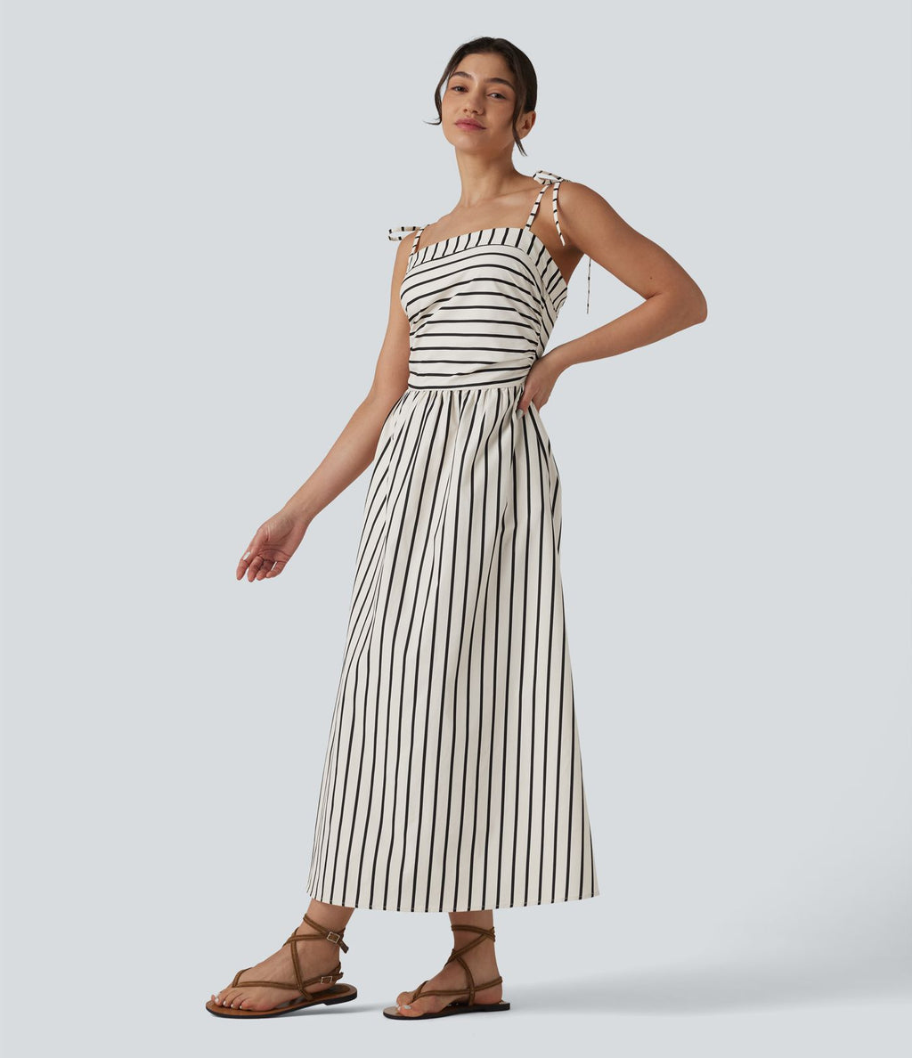Robe midi rayée bretelles fines avec laçage et poches