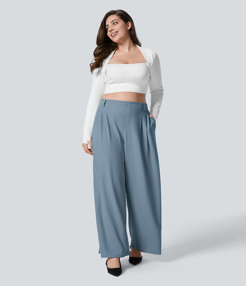 Halara Flex™ Pantalon tailleur Grande taille à Taille Haute, Poches Latérales Plissées, Jambes Larges, en Tissu Gaufré
