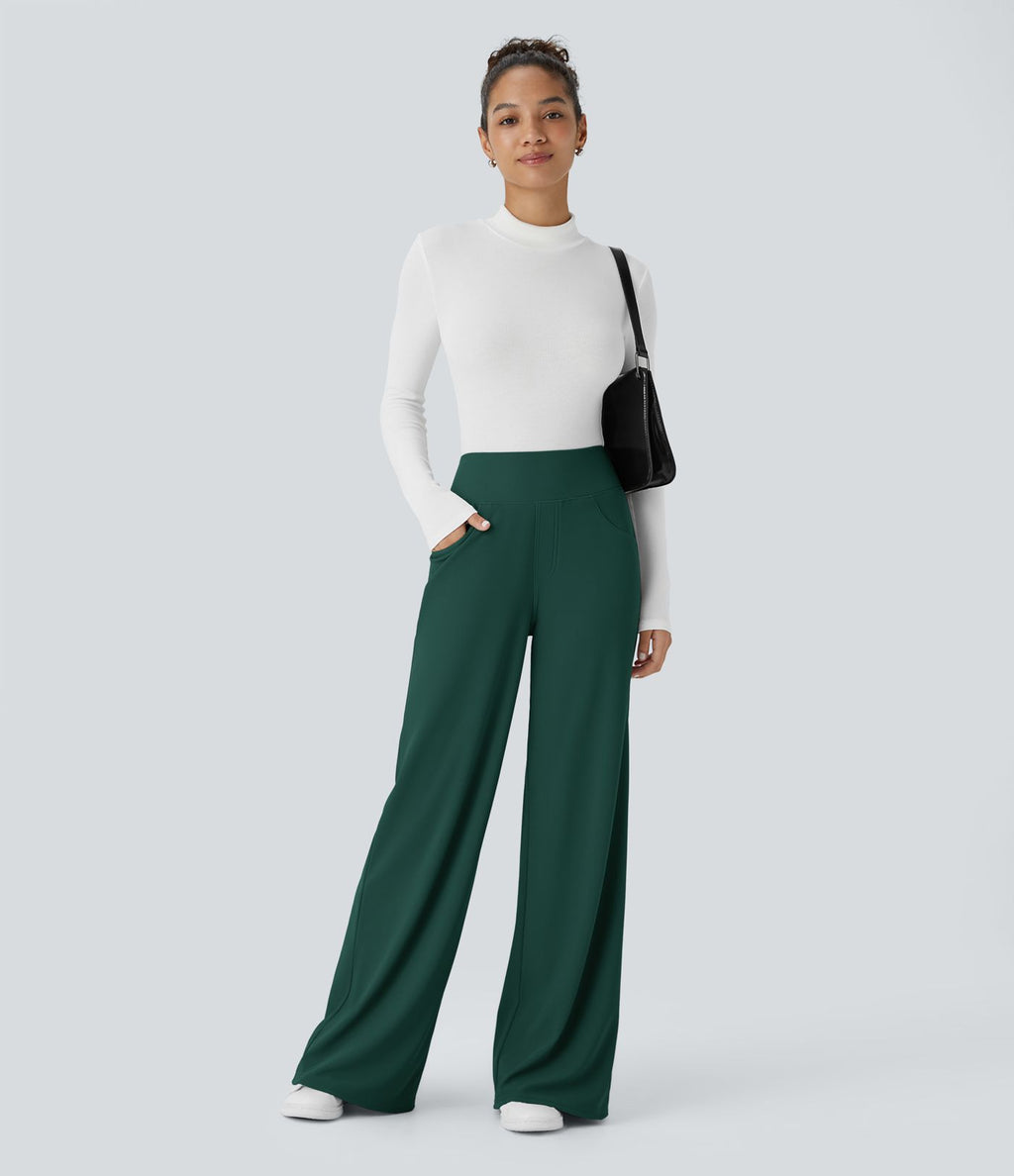 Pantalon tailleur large gainant taille haute en micro-gaufré avec poches Halara Flex™