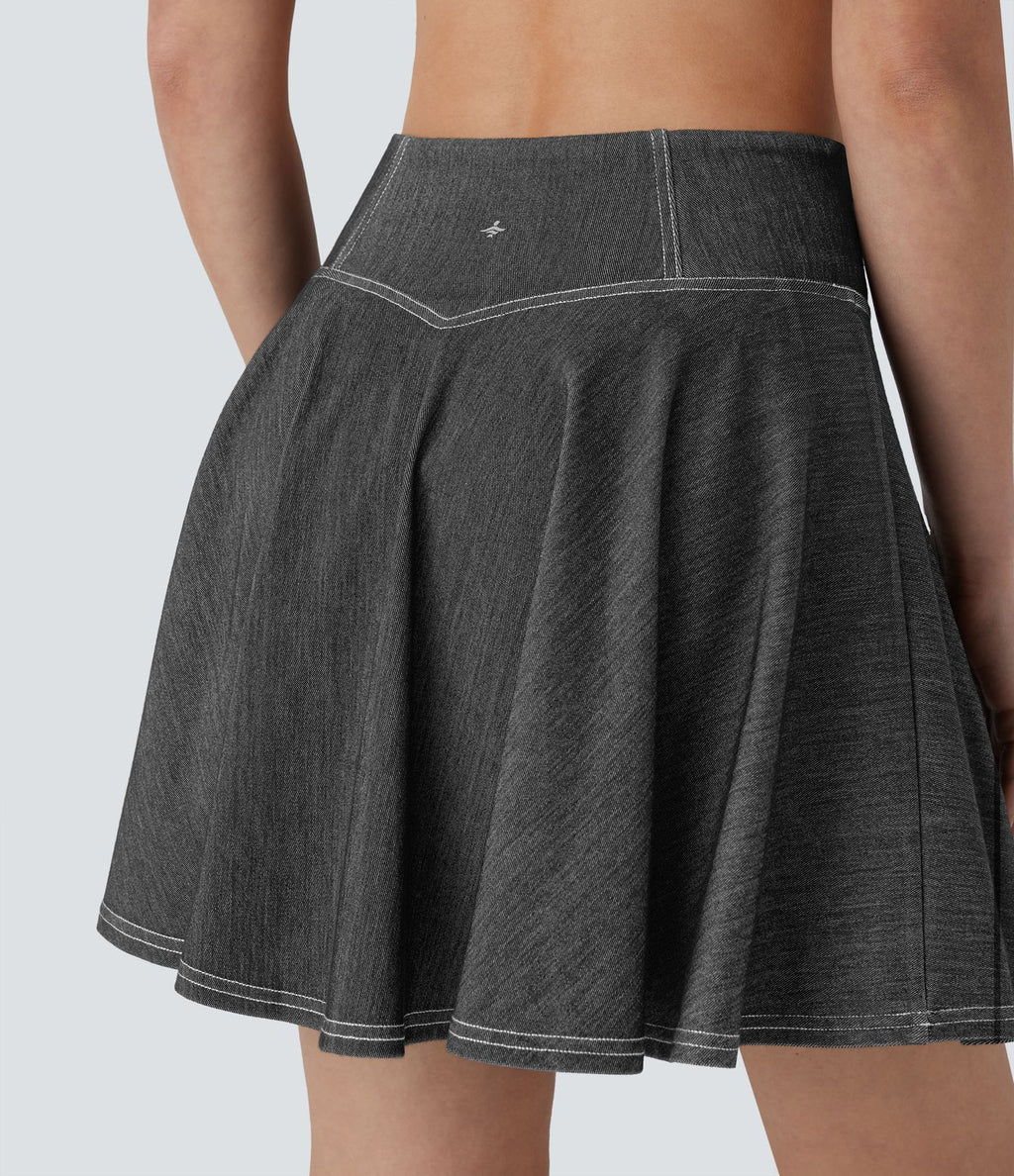 Mini-jupe tennis denim 2-en-1 HalaraMagic™ tricot extensible Cool Touch délavé taille haute avec poches