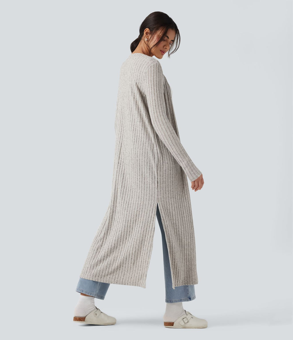 Manteau long décontracté maille côtelée manches longues avec fente
