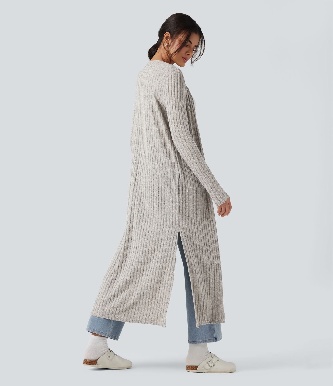 Manteau long décontracté maille côtelée manches longues avec fente