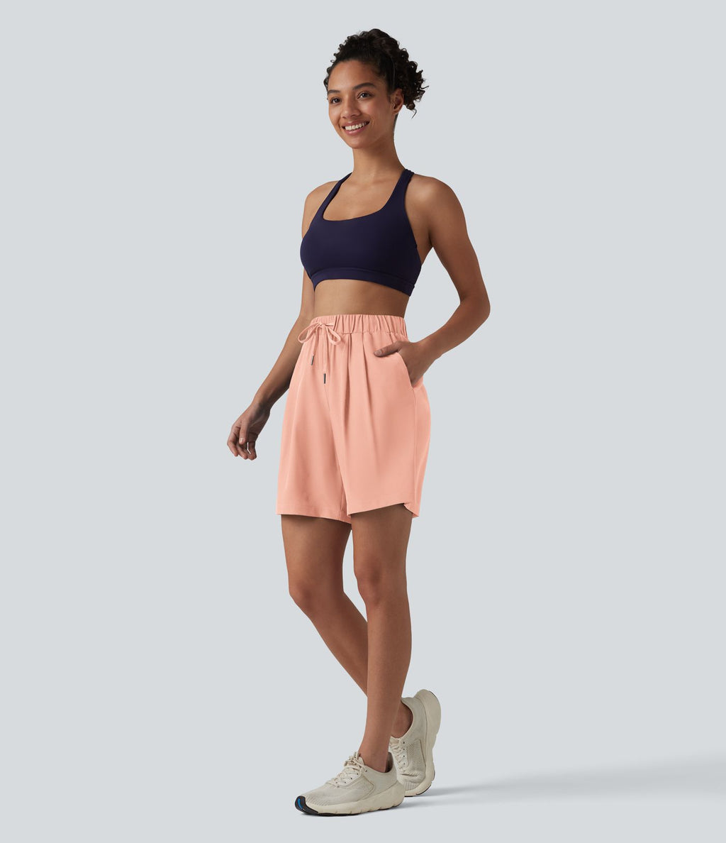 Short de yoga plissé taille haute avec ceinture élastique, cordon de serrage et poches 17,5 cm