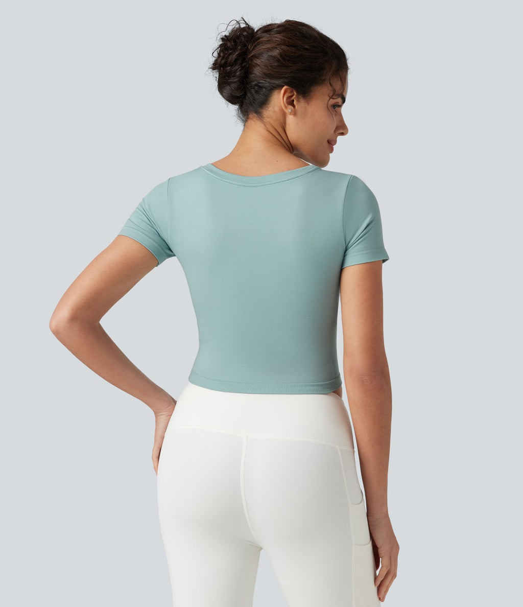 Haut de yoga court OneForm Seamless Flow col V à manches courtes avec brassière intégrée