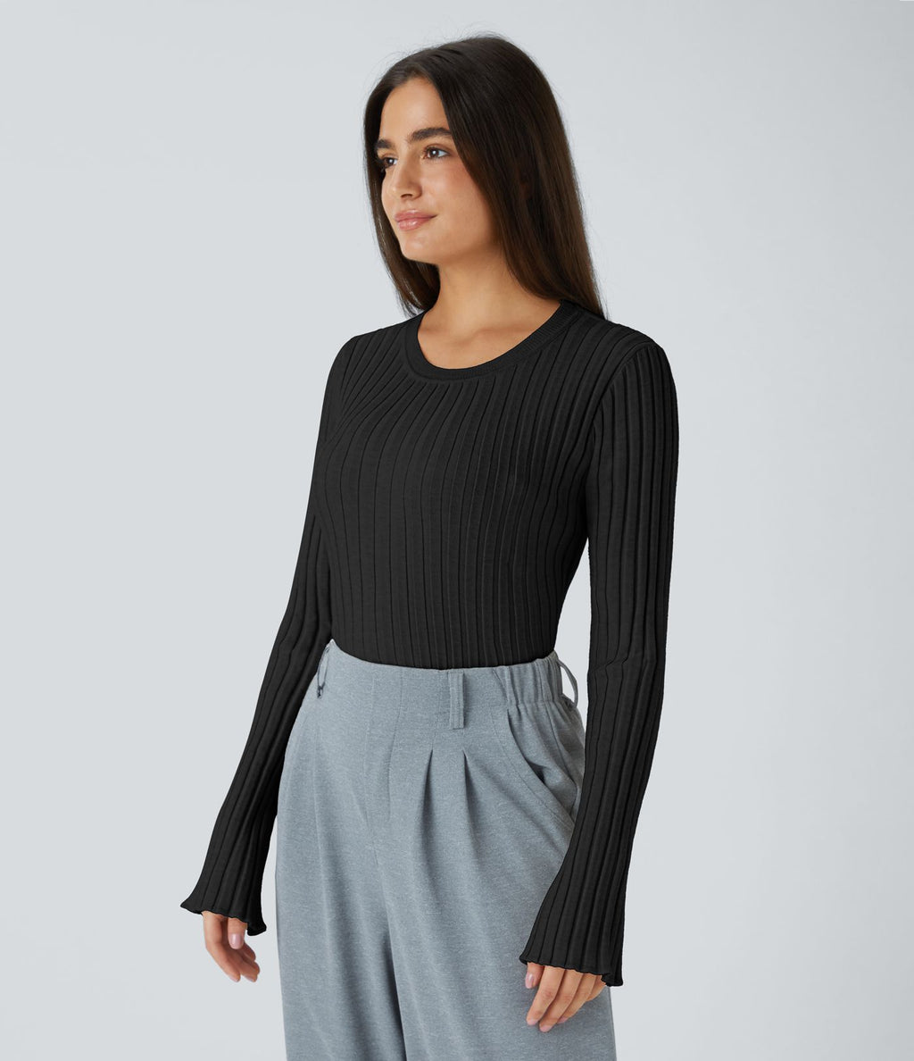 Pull Décontracté à Col Rond, Manches Longues et Volants