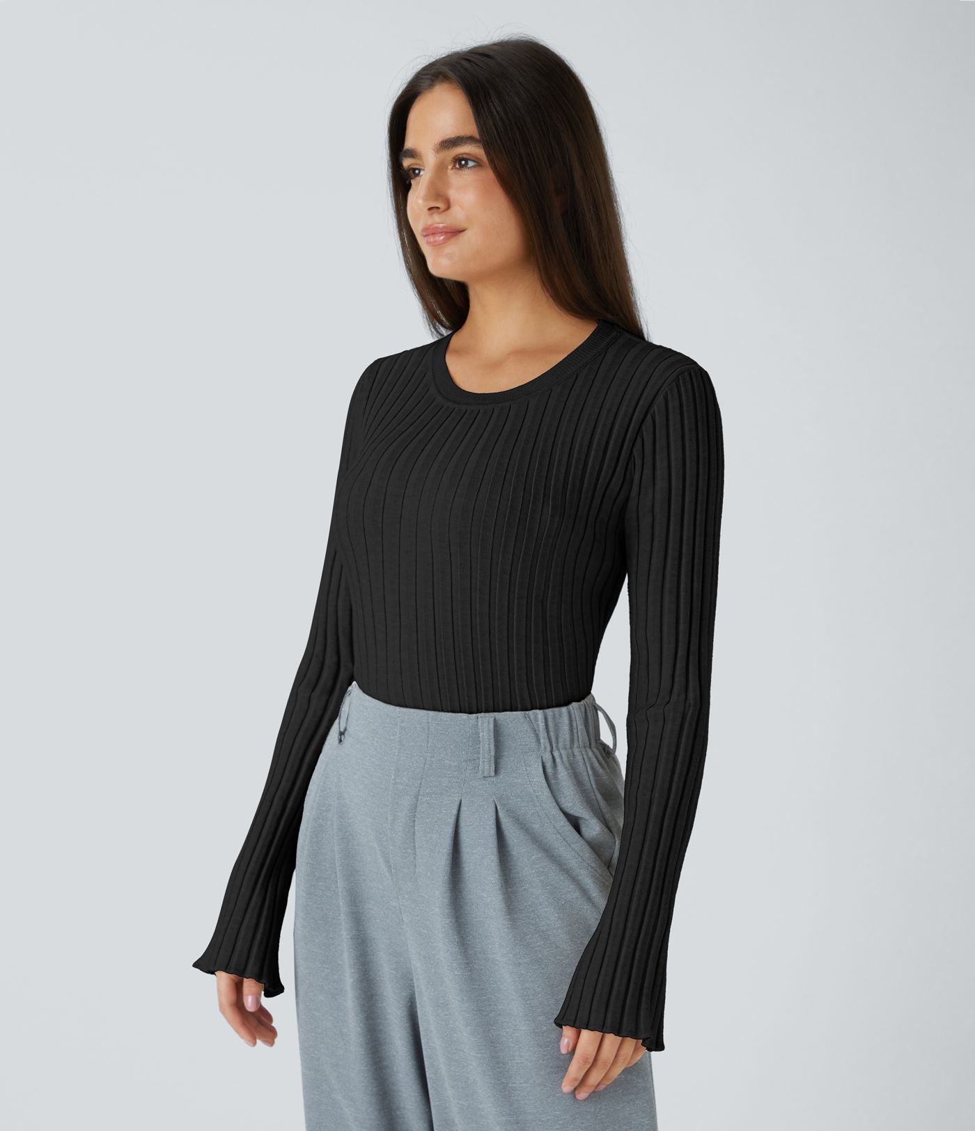 Pull Décontracté à Col Rond, Manches Longues et Volants