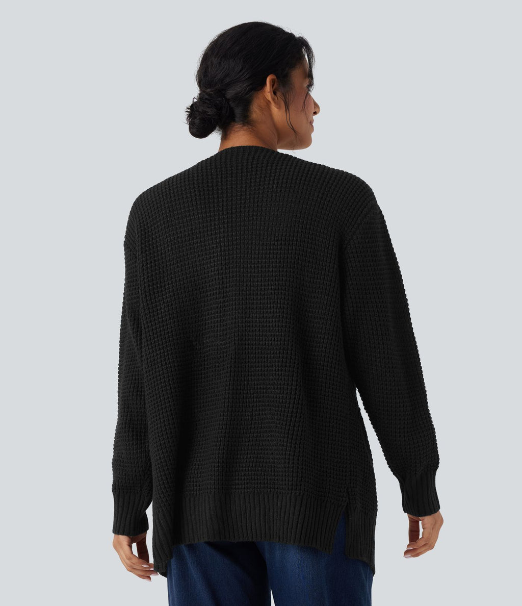 Cardigan décontracté gaufré manches longues avec poches